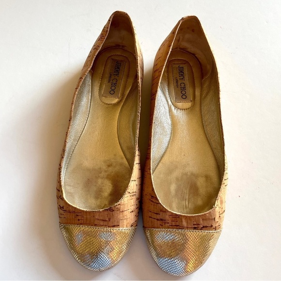 Jimmy Choo Whirl Cork Gold Leather Cap Ballet Flats - Picture 15 of 15